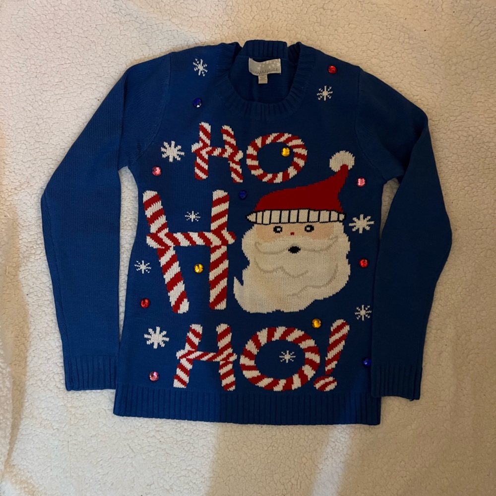 Carolyn Taylor Petite PS Blue w/ Santa Details Christmas Sweater, Like New